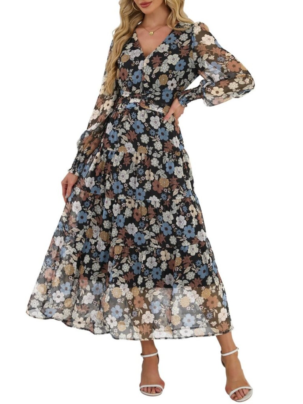 Women's Floral Fall Wedding Guest Maxi Dress